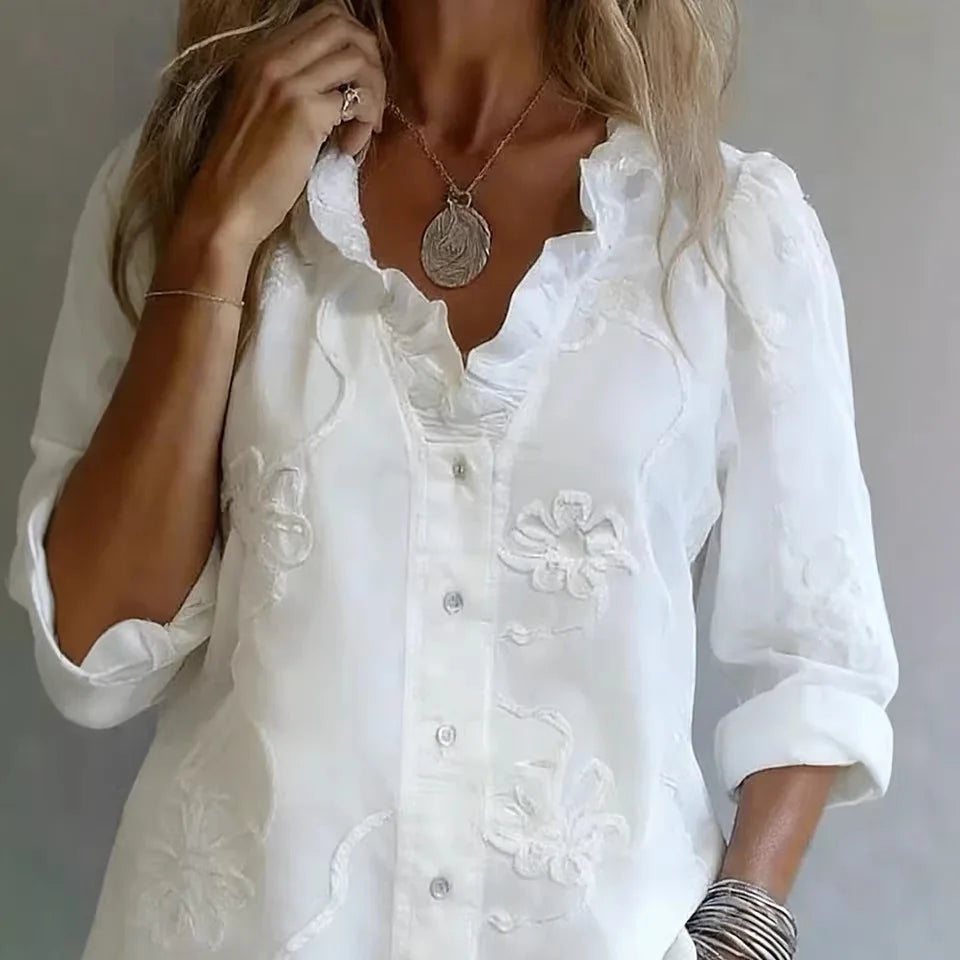New Women Shirt Tops Button Up White Autumn Fashion V Neck Long Sleeve Casual Shirts Womens Clothing women's blouses and shirts