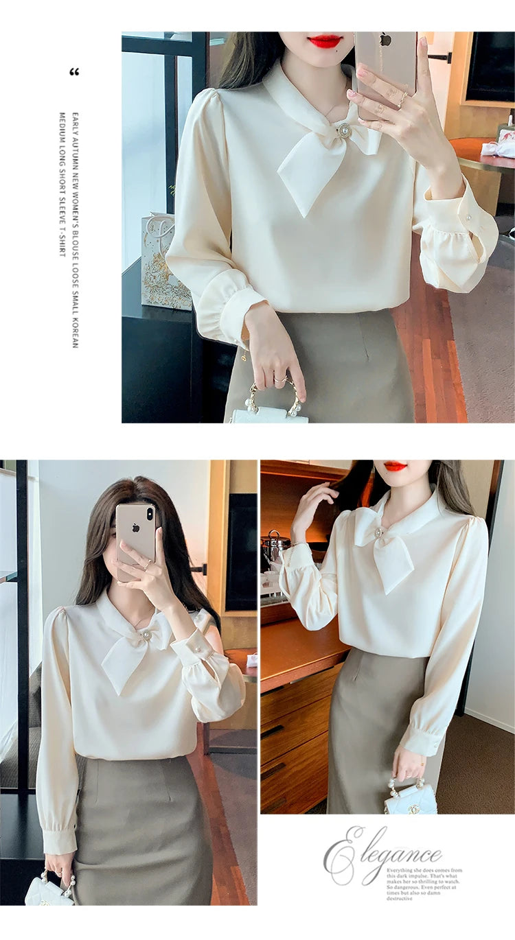 2025 Fashion Long Sleeve O-Neck Women Blouse Solid Bow Chiffon Elegant Blouse Shirt Women Tops Blusas De Mujer Camisas N674