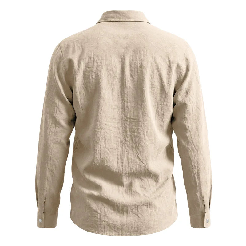 Casual Men's Loose Linen Lapel Pocket Button Casual Vacation Solid Color Long Sleeve Shirt Men's