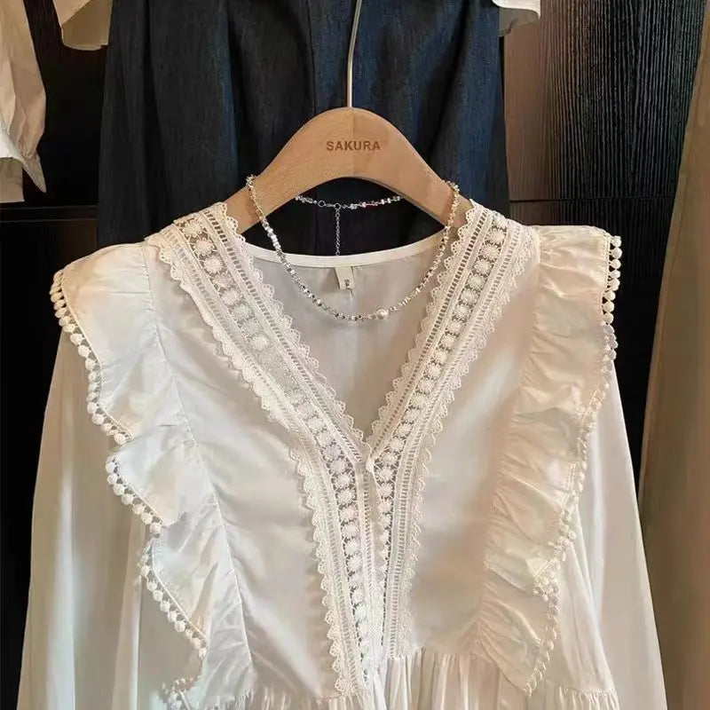 Shirts for Women Autumn 2025 New Ruffled Wrap Irregular Long Sleeve Casual Top V-Neck Solid Female Fashion Blouse Korean Fashion