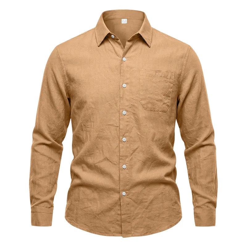 Casual Men's Loose Linen Lapel Pocket Button Casual Vacation Solid Color Long Sleeve Shirt Men's