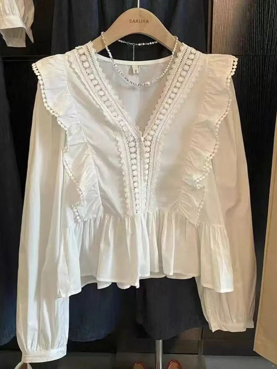 Shirts for Women Autumn 2025 New Ruffled Wrap Irregular Long Sleeve Casual Top V-Neck Solid Female Fashion Blouse Korean Fashion