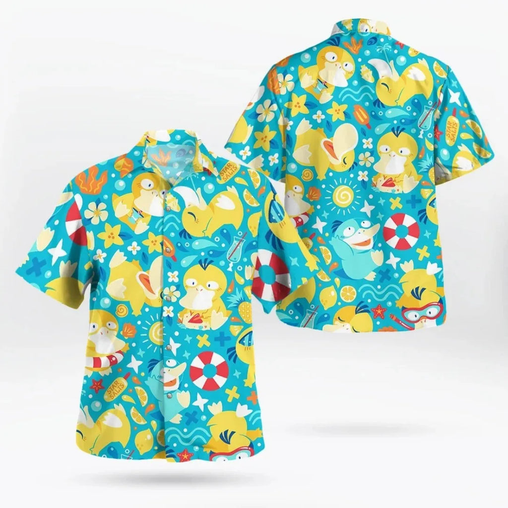 New Summer Men's Short Sleeved Shirt Cartoon Duck Print Breathable Sweating Seaside Vacation Casual Shirt