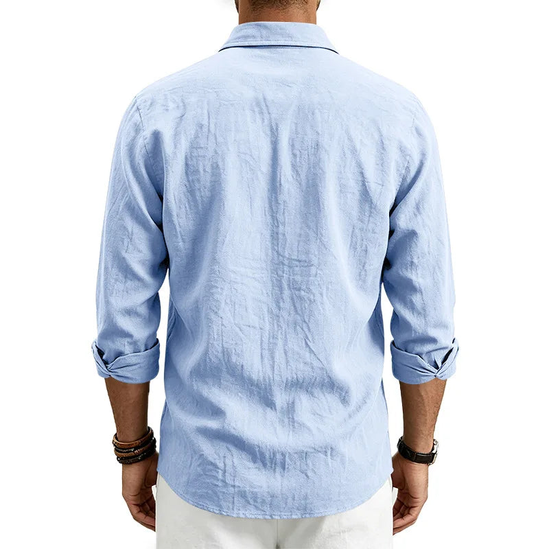 Casual Men's Loose Linen Lapel Pocket Button Casual Vacation Solid Color Long Sleeve Shirt Men's