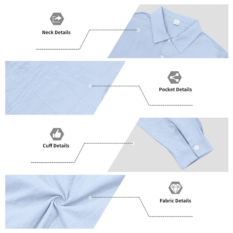 Casual Men's Loose Linen Lapel Pocket Button Casual Vacation Solid Color Long Sleeve Shirt Men's