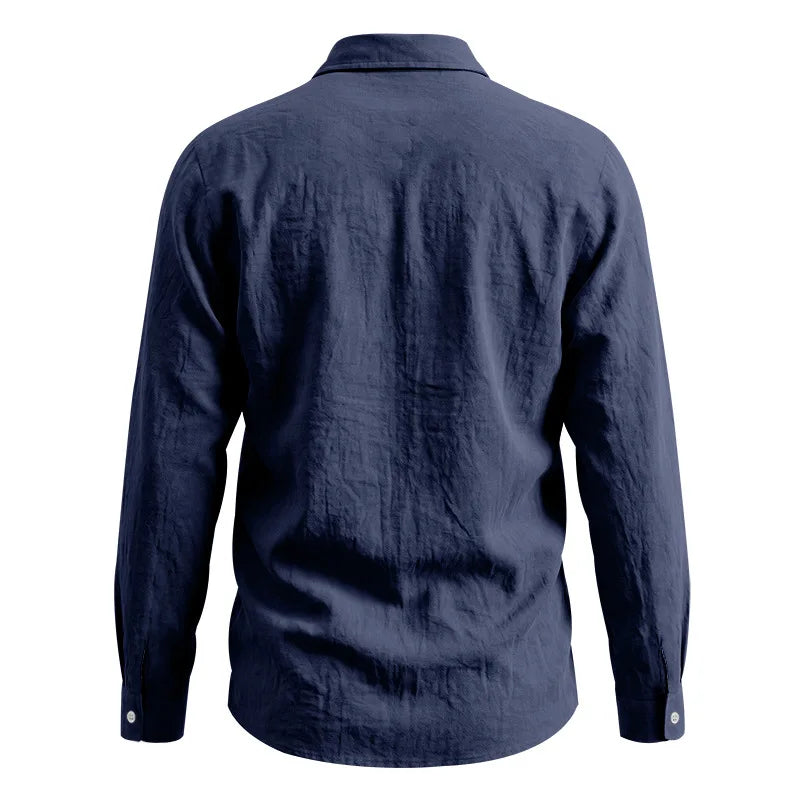 Casual Men's Loose Linen Lapel Pocket Button Casual Vacation Solid Color Long Sleeve Shirt Men's