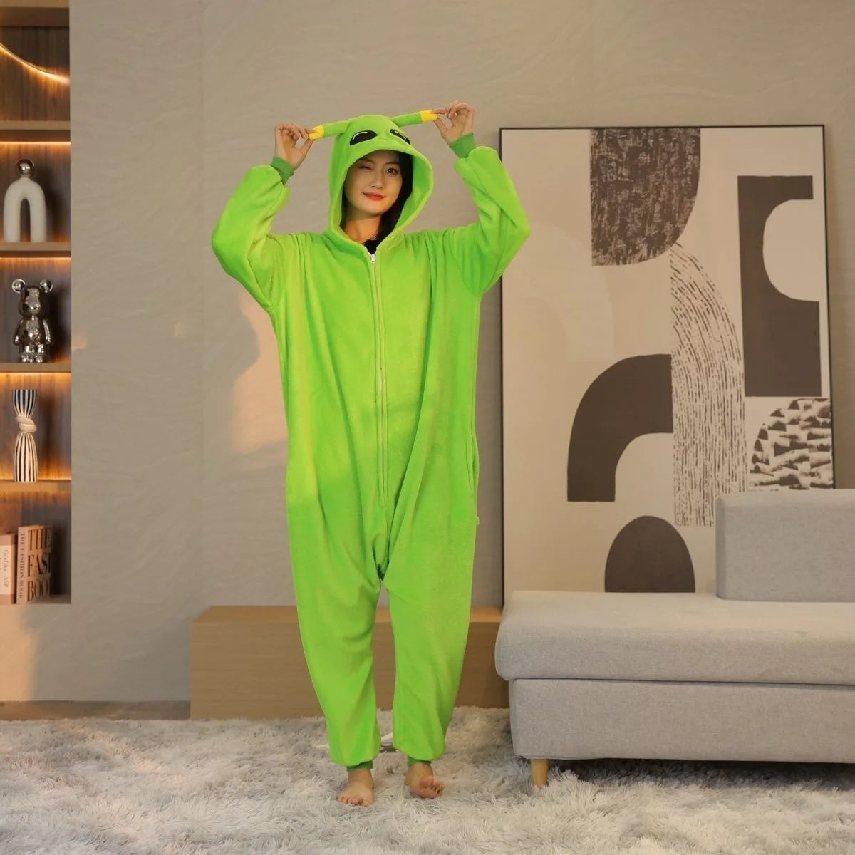 Unisex Alien Onesie Cosplay Pajamas Halloween Costume Winter Adults Kigurumi Unicorn Animal Sleepwear Green Flannel Nightwear