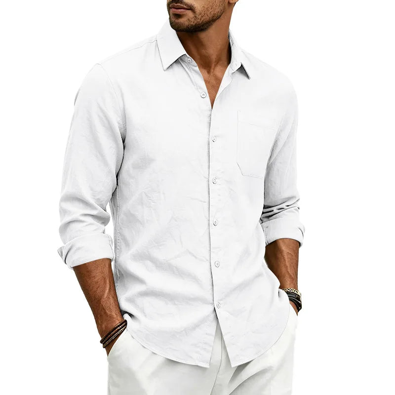 Casual Men's Loose Linen Lapel Pocket Button Casual Vacation Solid Color Long Sleeve Shirt Men's