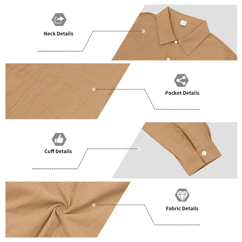 Casual Men's Loose Linen Lapel Pocket Button Casual Vacation Solid Color Long Sleeve Shirt Men's