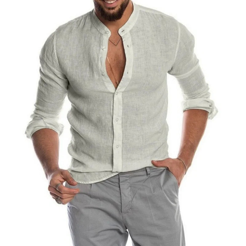 Men's Long Sleeve Linen Blend Button Down Shirt with Stand Collar Casual Lightweight Summer Top