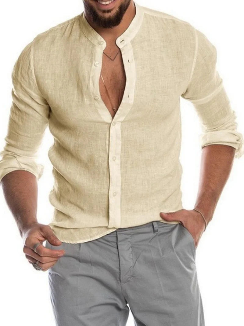 Men's Long Sleeve Linen Blend Button Down Shirt with Stand Collar Casual Lightweight Summer Top