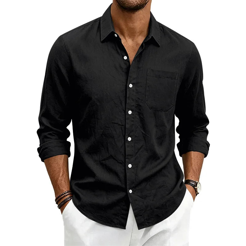 Casual Men's Loose Linen Lapel Pocket Button Casual Vacation Solid Color Long Sleeve Shirt Men's
