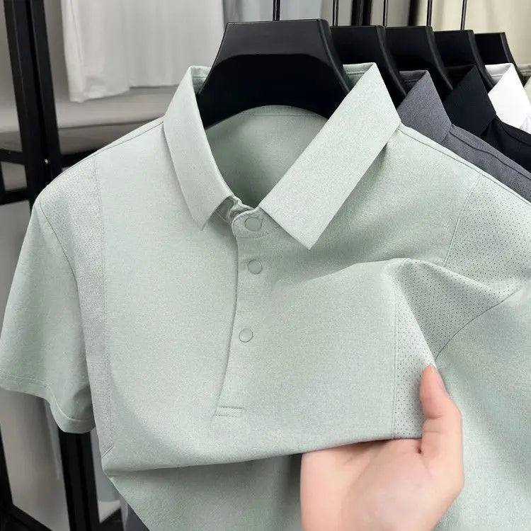 Men's Polo Shirt Short Sleeves Casual Patchwork Mesh Breathable Lightweight Button T-shirt Thin Solid Business Sporty T Shirt