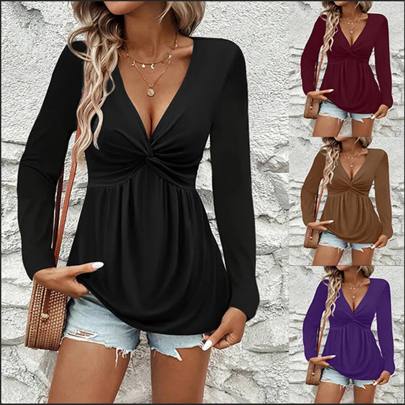 2025 New Women'S Long Sleeve T Shirts Fall Casual Tops Trendy Kink Solid Colors Blouses Autumn Pullover Clothes Camiseta Mujer