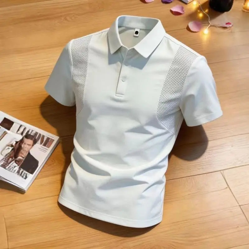 Men's Polo Shirt Short Sleeves Casual Patchwork Mesh Breathable Lightweight Button T-shirt Thin Solid Business Sporty T Shirt