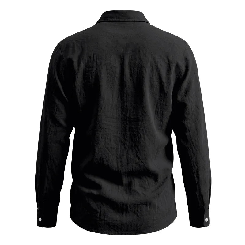 Casual Men's Loose Linen Lapel Pocket Button Casual Vacation Solid Color Long Sleeve Shirt Men's