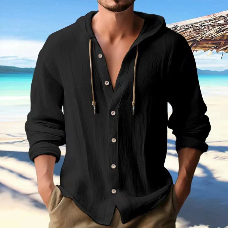 Men's Solid Linen Long Sleeve Hooded Shirt Casual Streetwear Button Top Loose Fit Cardigan Clothing for Men