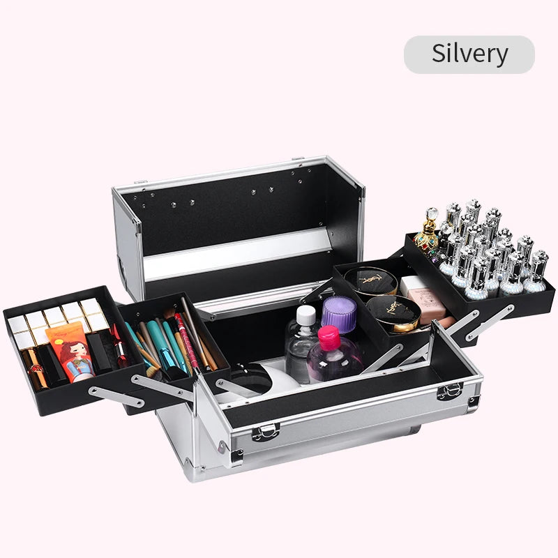 Makeup train case large portable cosmetic cases 4 trays professional makeup storage organizer box make up box