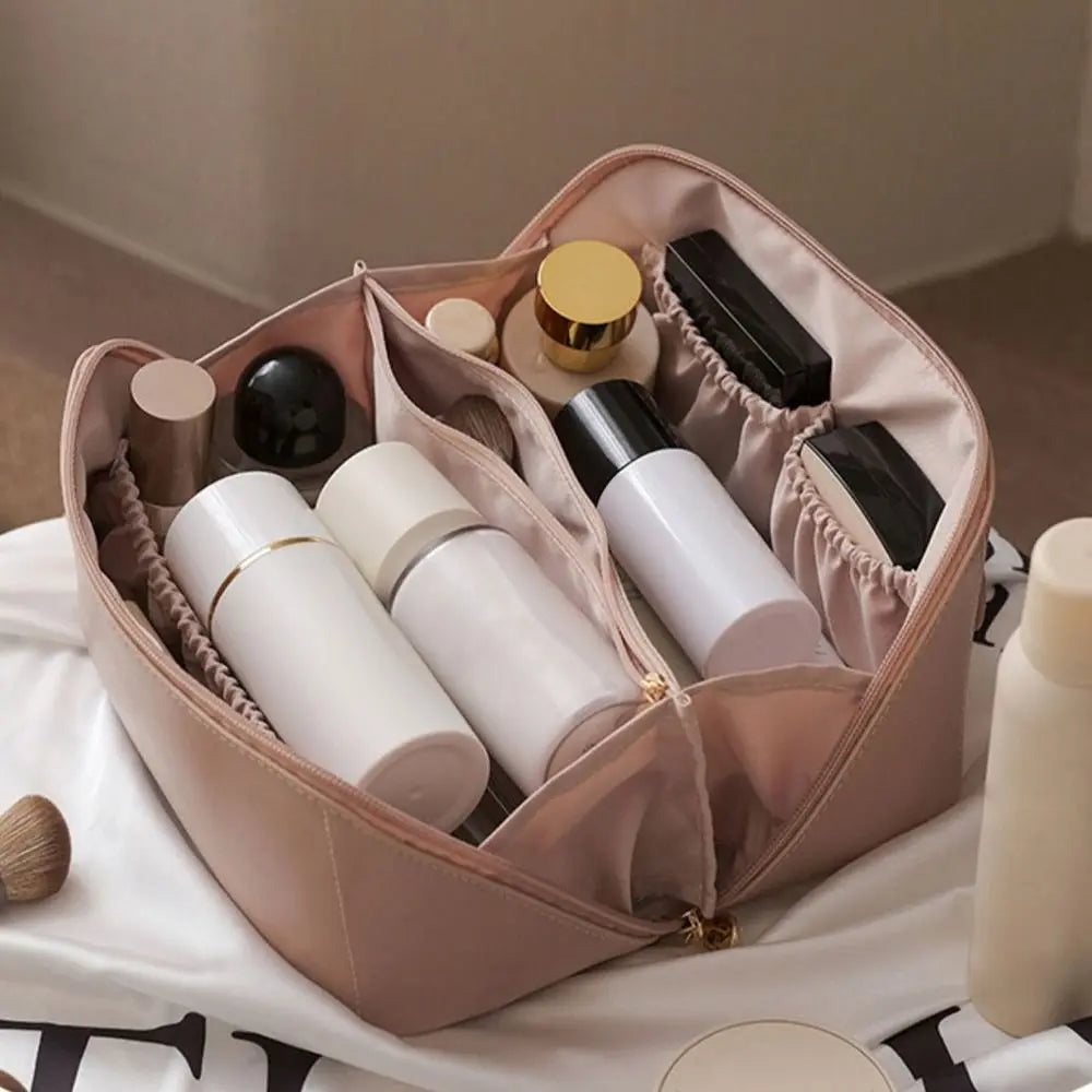 Portable Large Capacity Makeup Travel Cosmetic Bag Organizer with Brushes Slots Dividers Multifunction Storage Case