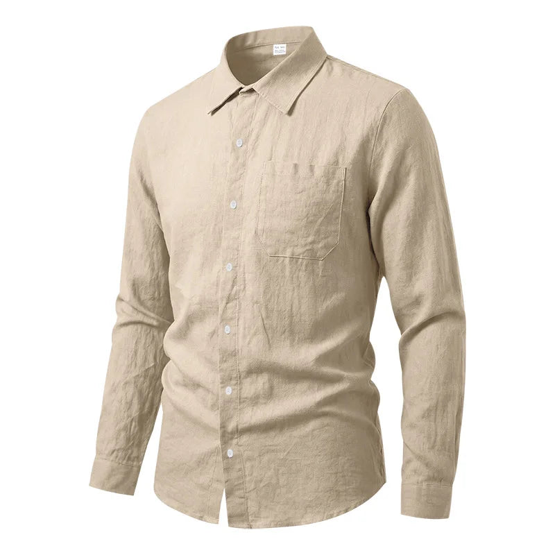 Casual Men's Loose Linen Lapel Pocket Button Casual Vacation Solid Color Long Sleeve Shirt Men's