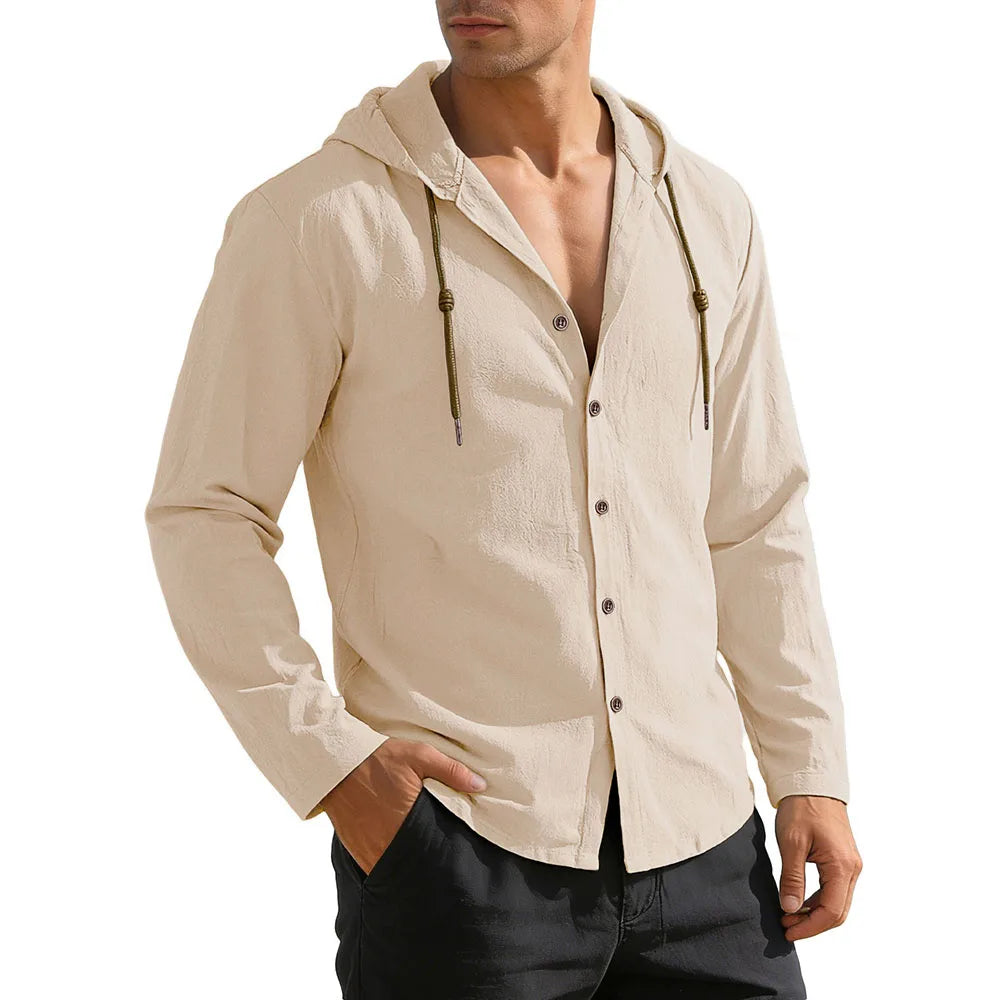 Men's Casual Shirt Long Sleeve Solid Color Cotton Linen Lightweight Breatahble Fashion Hooded Vacation Loose Fit Button Tops