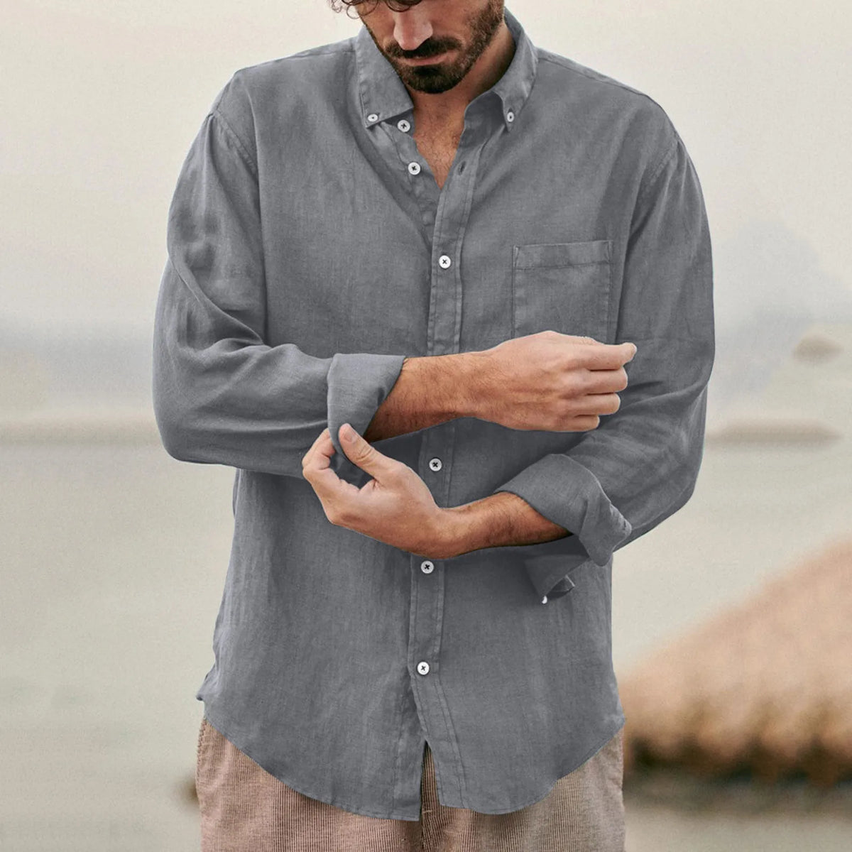 Men's Cotton Poly Linen Long Sleeve Shirt Summer Breathable Button Down Casual Loose Shirt With Chest Pocket Beach Vacation Tops