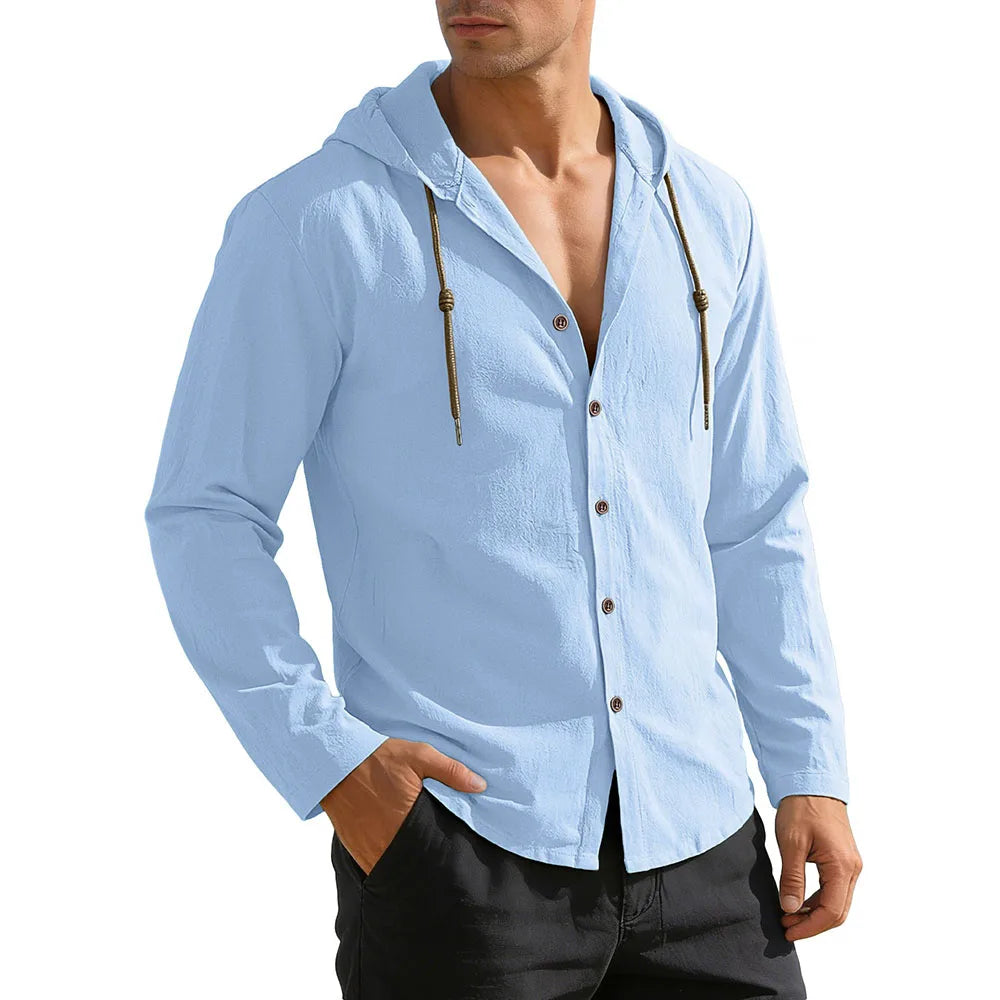 Men's Casual Shirt Long Sleeve Solid Color Cotton Linen Lightweight Breatahble Fashion Hooded Vacation Loose Fit Button Tops