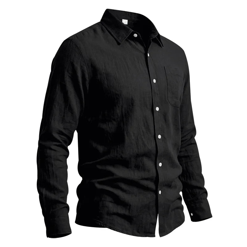 Casual Men's Loose Linen Lapel Pocket Button Casual Vacation Solid Color Long Sleeve Shirt Men's