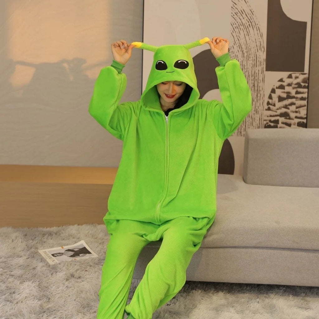 Unisex Alien Onesie Cosplay Pajamas Halloween Costume Winter Adults Kigurumi Unicorn Animal Sleepwear Green Flannel Nightwear
