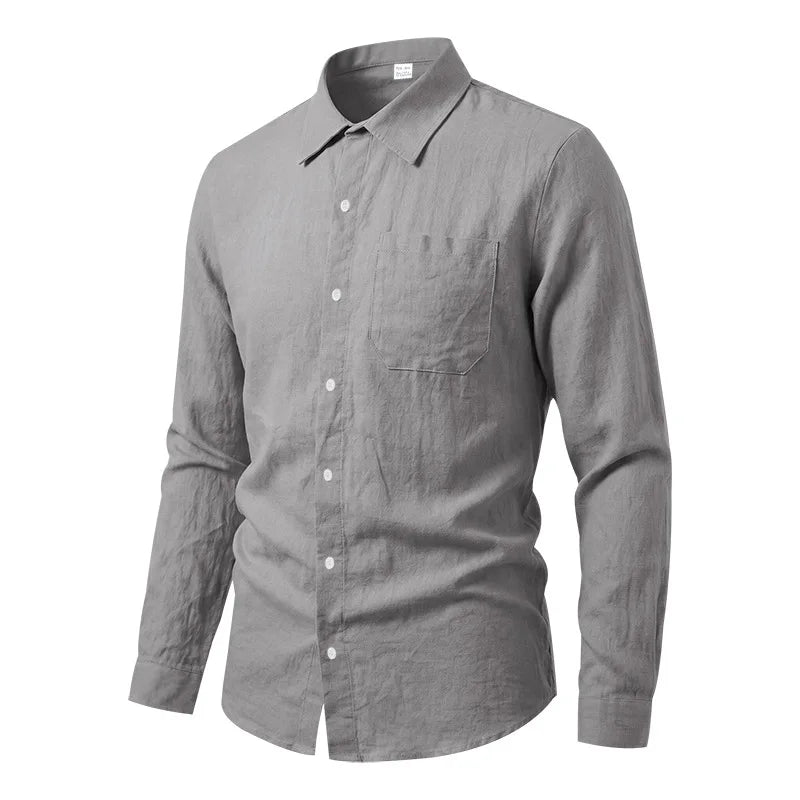 Casual Men's Loose Linen Lapel Pocket Button Casual Vacation Solid Color Long Sleeve Shirt Men's