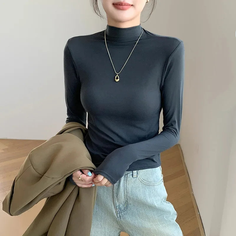 Turtleneck Elastic T-shirts for Women Y2k Clothes Long Sleeve White Tops Autumn Winter Casual Solid Color Slim Women T-shirt New
