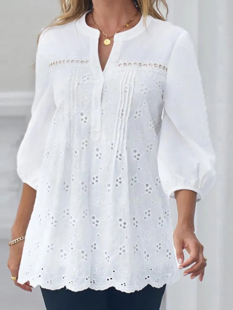 Women's Fashion Shirt Top White Lace Hollow Out V-Neck Pullover Casual Loose Shirt Tops Summer Elegant Office Womens Clothing