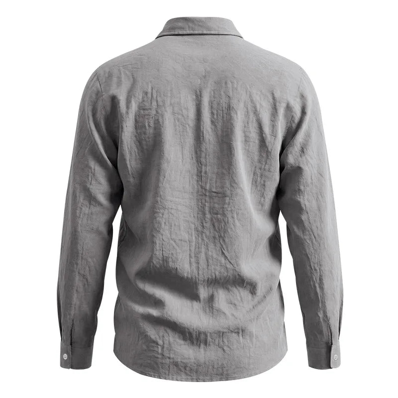 Casual Men's Loose Linen Lapel Pocket Button Casual Vacation Solid Color Long Sleeve Shirt Men's