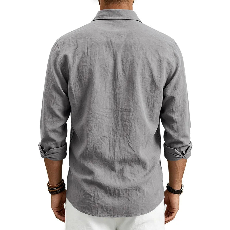 Casual Men's Loose Linen Lapel Pocket Button Casual Vacation Solid Color Long Sleeve Shirt Men's