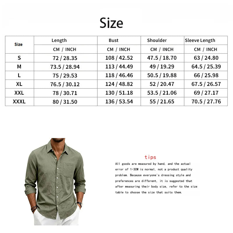 Casual Men's Loose Linen Lapel Pocket Button Casual Vacation Solid Color Long Sleeve Shirt Men's