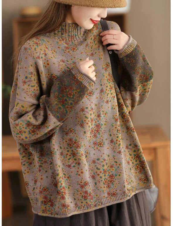Winter Fall Fashion Vintage Floral Printed Half-turtle Neck Sweater for Women 2025 New Fashion Long Sleeve Loose Casual Knitwear