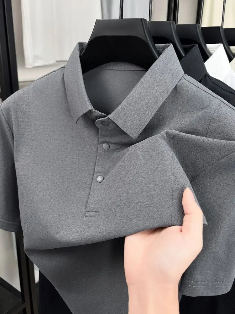 Men's Polo Shirt Short Sleeves Casual Patchwork Mesh Breathable Lightweight Button T-shirt Thin Solid Business Sporty T Shirt