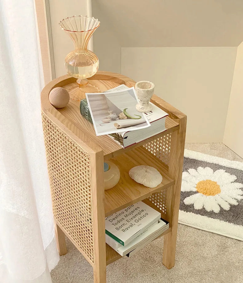JOYLIVE Modern Minimalist Style Creative Home Homestay Hotel Bedroom Solid Wood Rattan Bedside Table Edge Cabinet Drop-shipping