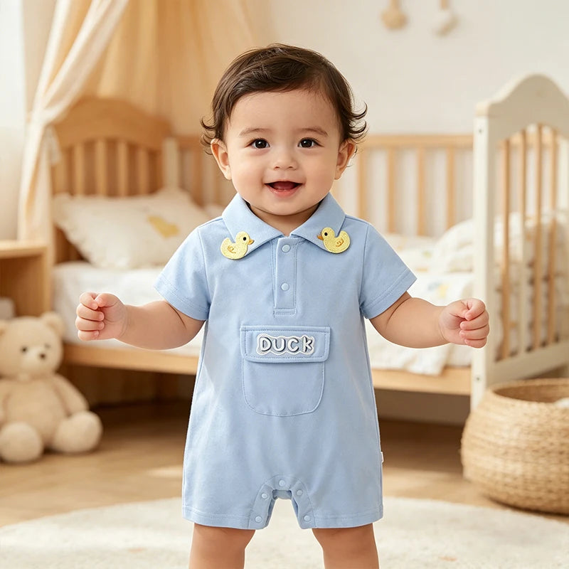 Cute Duck Baby Romper Summer Cotton Short Sleeve Polo Collar Infant Onesie Soft Breathable Newborn Jumpsuit for Boys Girls 0-18M