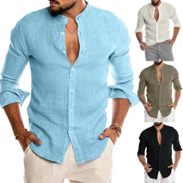 Men's Long Sleeve Linen Blend Button Down Shirt with Stand Collar Casual Lightweight Summer Top