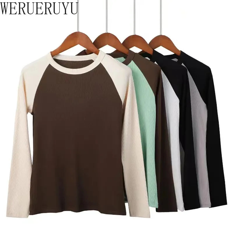 Long Sleeve T-shirt Womens Y2k Clothes Autumn Winter Harajuku Casual Tops Solid Color Stitching Elegant T-shirts for Women 2025