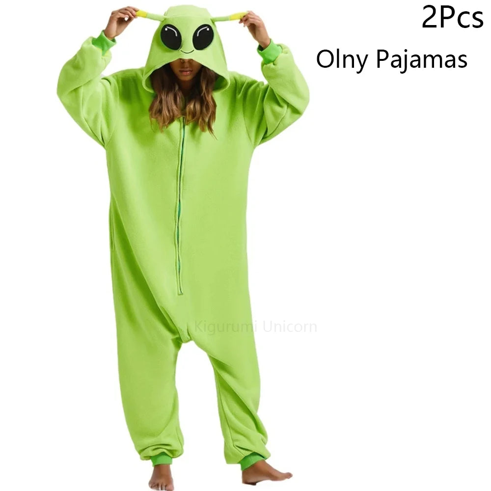 Unisex Alien Onesie Cosplay Pajamas Halloween Costume Winter Adults Kigurumi Unicorn Animal Sleepwear Green Flannel Nightwear