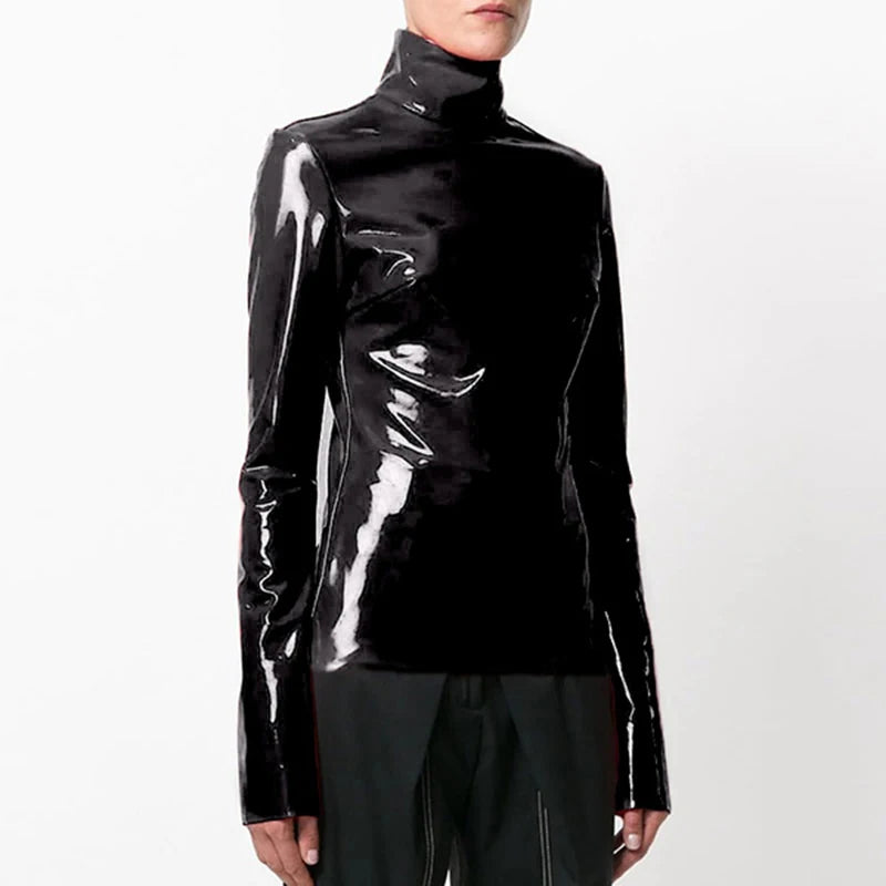 Women Faux Patent Leather Turtleneck Tops Long Sleeve Shirt Zipper PVC Pullover Black Red PU Leather Clothes Streetwear