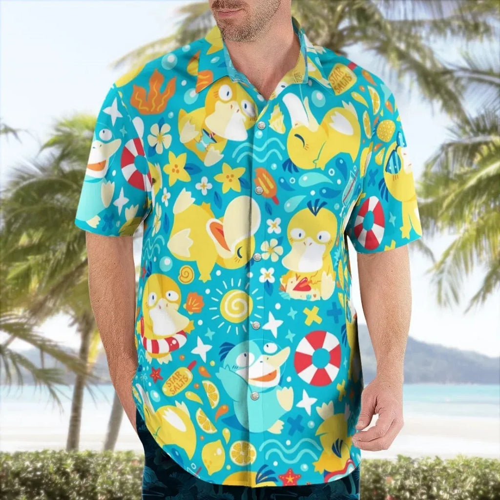 New Summer Men's Short Sleeved Shirt Cartoon Duck Print Breathable Sweating Seaside Vacation Casual Shirt