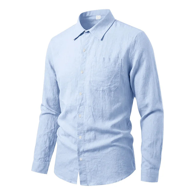 Casual Men's Loose Linen Lapel Pocket Button Casual Vacation Solid Color Long Sleeve Shirt Men's
