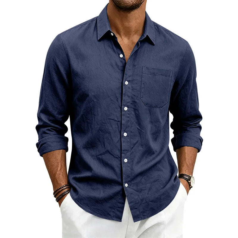 Casual Men's Loose Linen Lapel Pocket Button Casual Vacation Solid Color Long Sleeve Shirt Men's
