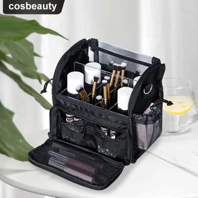 Travel Makeup Case With Acrylic Divider Organizer Storage with Makeup Brush Holder Case Stand-up Cosmetic Bag Artist Travel Bag