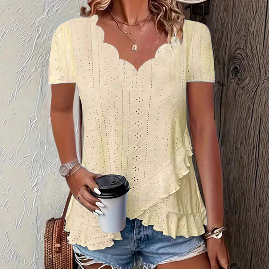 Women's Fashion Blouses Summer 2025 Ruffles Loose Hollow Out Tops Casual Solid Colors Wave V-Neck Short Sleeve White Shirts Lady
