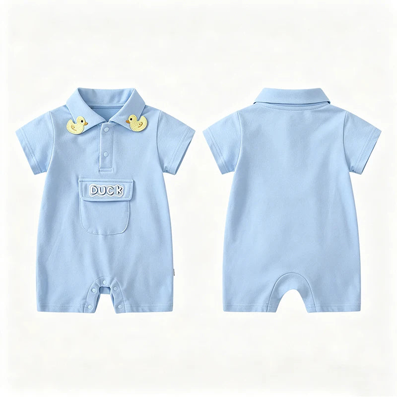 Cute Duck Baby Romper Summer Cotton Short Sleeve Polo Collar Infant Onesie Soft Breathable Newborn Jumpsuit for Boys Girls 0-18M