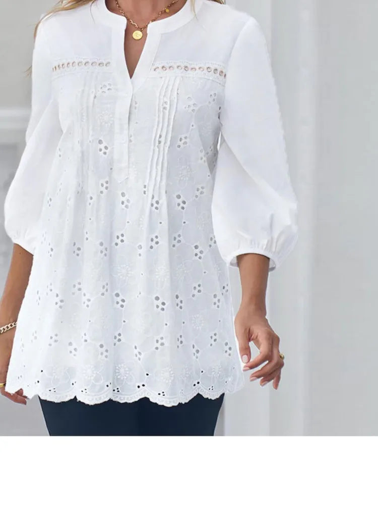 Women's Fashion Shirt Top White Lace Hollow Out V-Neck Pullover Casual Loose Shirt Tops Summer Elegant Office Womens Clothing